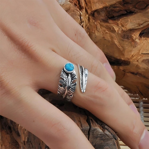 LAST! NEW 925 Sterling Silver Feather  Turquoise Ring |  Adjustable Size - Picture 3 of 16